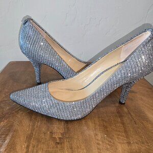 Michael Kors Sparkle Glitter Heels 9.5 Silver Pointed Toe Evening Pumps